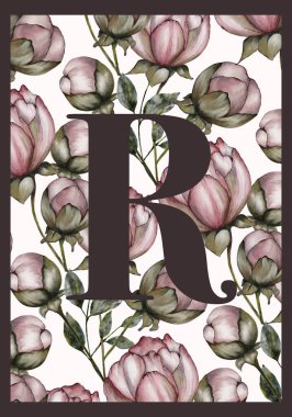 Elegant floral design featuring a large letter R surrounded by pink peonies on a light background clipart