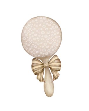 El yapımı dekoratif ayna bej bir fiyonk, benekli ve ahşap saplı.