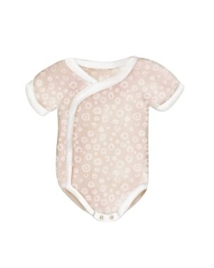 Soft pink baby onesie with floral pattern and short sleeves displayed on a white background