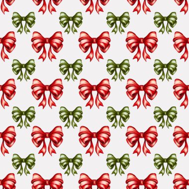 Şenlikli durumlar için açık arkaplanda kırmızı ve yeşil fiyonkların dekoratif deseni