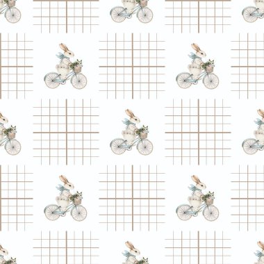 Ekoseli arka planda bisiklete binen bir tavşanı anlatan tuhaf bir desen.