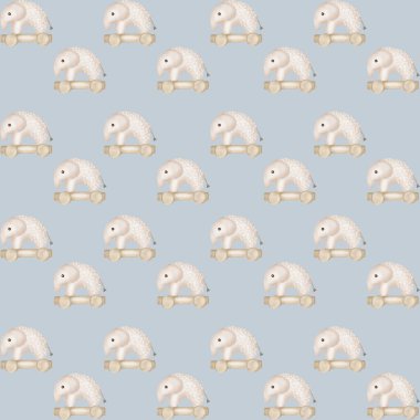 Tekerlekli oyuncak koyunların sevimli desenleri açık mavi arka planda oyuncu tasarım