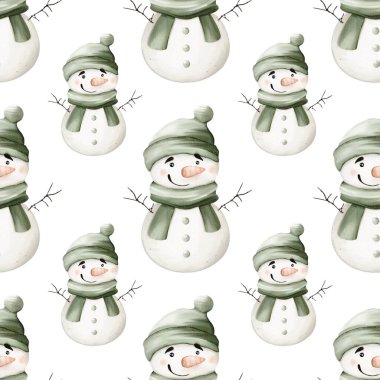 Yeşil şapkalı ve eşarplı büyüleyici kardan adamlar tatil için tuhaf bir kış şablonu oluşturuyor.