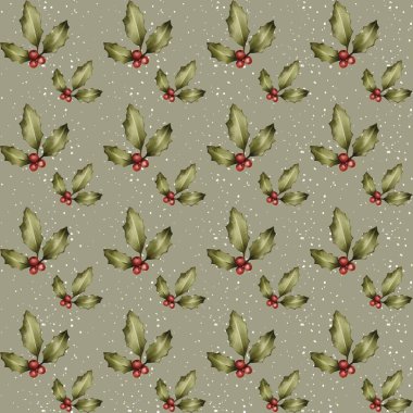 Yumuşak yeşil arka planda kutsal yapraklar ve böğürtlenler içeren tatil temalı kusursuz desen