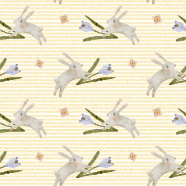 Renkli suluboya desenleri tavşanları neşeli bir Paskalya tasarımında çiçeklerle etkileşime sokuyor..