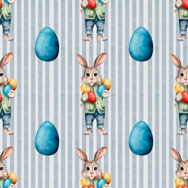 A festive bunny in a green jacket holds colorful eggs against a blue and white striped background. clipart