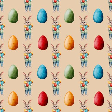 A decorative pattern showcases a playful rabbit holding vibrant eggs, perfect for celebrations. clipart