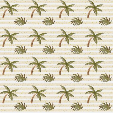 Tropikal desende açık renkli yumuşak çizgili arka planda palmiye ağaçları ve yapraklar bulunur..