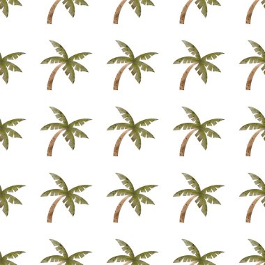 Yeşil palmiye ağaçlarının beyaz arka planda tek sıra dizildiği ayrıntılı desen.