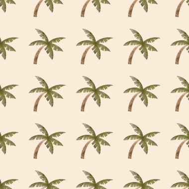 Tekrarlayan desen yumuşak bej arkaplana karşı yeşil palmiye ağaçlarını içerir.