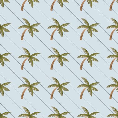 Dekoratif tasarım tropikal bir his için yumuşak mavi bir zemin üzerinde palmiye ağaçlarını tekrarlayan sergiler.
