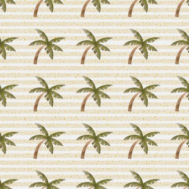 Yeşil palmiye ağaçları çizgili bej arkaplan üzerinde tekrarlanan desenler halinde dizilir.