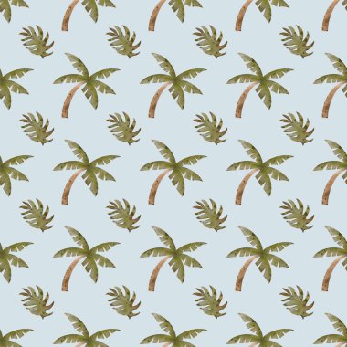 Tropik yapraklar ve palmiye ağaçları açık mavi bir zemin üzerinde çarpıcı bir desen oluşturur..