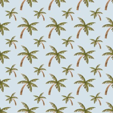 Açık mavi bir zemin üzerinde tekrarlanan palmiye deseni tropikal bir atmosfer yaratır..