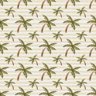 Çizgili arka planda yumuşak renklerde palmiye ağaçlarının yer aldığı dekoratif desen.