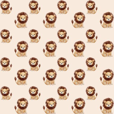 Canlı suluboya aslanlar neşeli bir şekilde arkaplanda sergilenir..