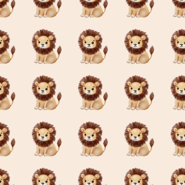 Oyuncu suluboya aslanlar tarafsız bir zeminde büyüleyici bir desen oluştururlar..