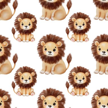 Temiz bir arkaplanda oturup oynayan aslanların büyüleyici suluboya çizimleri..