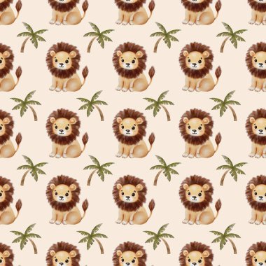 Büyüleyici tasarım, tropik palmiye ağaçlarının yanında tüylü yeleleri olan suluboya aslanları sergiliyor..