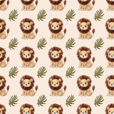 Renkli suluboya aslanlar yeşil yaprakların arasında oturur, canlı ve neşeli bir desen oluştururlar..