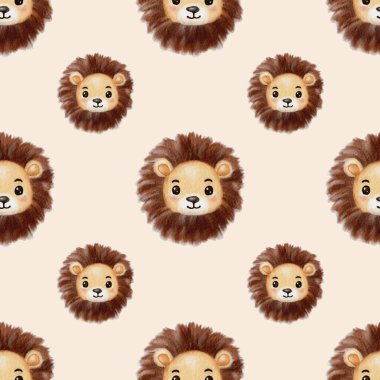 Cute watercolor lions with fluffy manes scattered across a light beige background. clipart