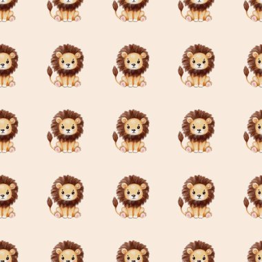 Charming watercolor lions create a playful and whimsical pattern on a soft background. clipart