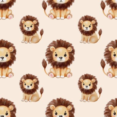 Yumuşak yeleli şirin suluboya aslanlar açık arkaplanda neşeli bir desen oluşturmuşlar..