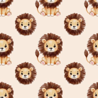 Tatlı suluboya aslanlar yumuşak bej bir arkaplanda neşeli bir şekilde sergilenir..