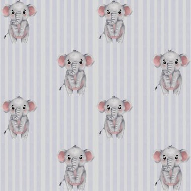 Yumuşak çizgili arka planda tatlı suluboya filler tuhaf bir hava yaratır..