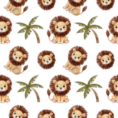 Playful lions are illustrated in a vibrant jungle with palm leaves, showcasing wild beauty. clipart