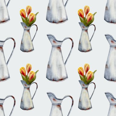 Kaliteli metal sürahilerde parlak sarı ve turuncu laleler tekstil ve ambalaj için uygun kusursuz bir desen oluştururlar..