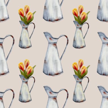 Bu pürüzsüz desen, kumaş ve ambalaj için mükemmel, rustik metal sürahilerde düzenlenmiş canlı laleler sergiliyor..