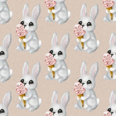 Lezzetli krema tavşan tasarımı tavşanın dondurmadan hoşlanmasını içerir, tekstil veya ambalaj kağıdı kullanımı için mükemmeldir..