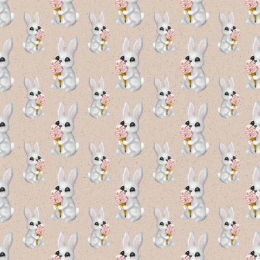 Şirin tavşanlar, tekstil tasarımı için büyüleyici, dikişsiz suluboya desenli dondurma külahları bulundururlar..