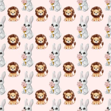 Renkli suluboya desenleri, arka planda dondurma ve neşeli aslanlar tutan neşeli tavşanları gösteriyor..