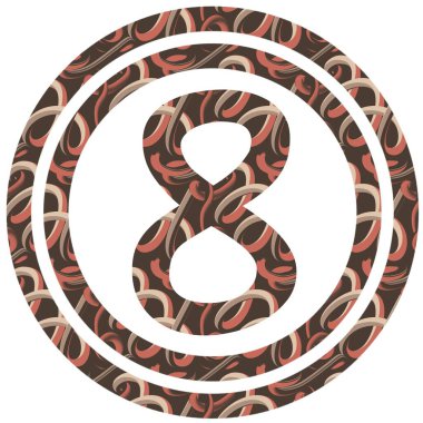 Sekiz numaralı çarpıcı tasarım kumaş benzeri bir arka planda sıcak renklerde karmaşık desenler içeriyor..