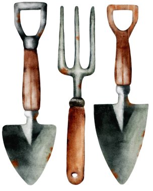 Bahçe işleri ve kumaş desenleri için mükemmel olan üç bahçe aletinin suluboya tasviri.