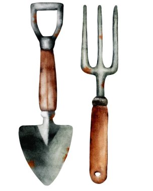 Bir mala ve çatalın suluboya çizimi, canlı laleler ve aletlerle bahçıvanlığı sembolize ediyor..