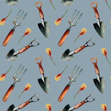 Brightly colored garden tools and tulip petals create a cheerful spring textile pattern ideal for fabric printing. clipart