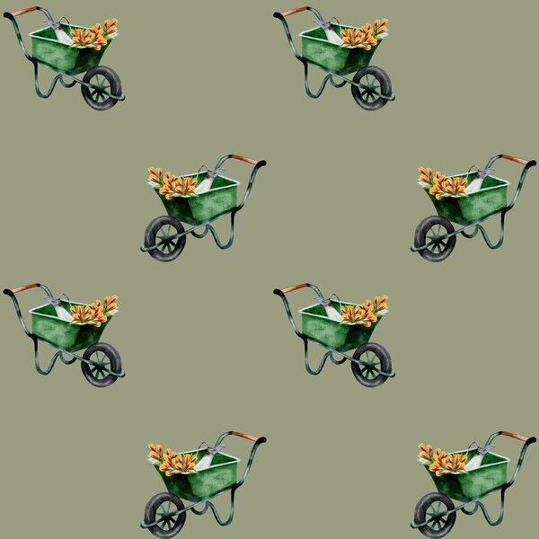 Several green wheelbarrows filled with colorful flowers are arranged in a pattern on a neutral background.