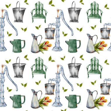 Büyüleyici bir desen bahçe aletleri, sandalyeler ve açık hava estetiğini geliştiren taze çiçekler içerir..