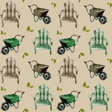 Tekrarlayan el arabaları ve ahşap sandalyeleri olan büyüleyici bir tasarım. Bahçe temaları için mükemmel..