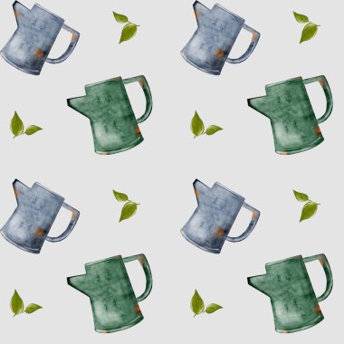 Brightly colored pitchers and delicate green leaves create a harmonious pattern on a light surface. clipart