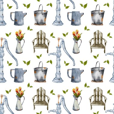 Parlak bir arka planda bahçe aletleri, çiçekler ve kırsal mobilyalar ile renkli bir desen.