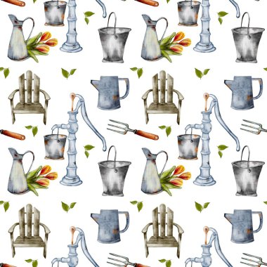 Bu tasarım bahçe aletleri ve çiçekleri tekrar eden bir şablona sahip, neşeli bir ortam yaratıyor..