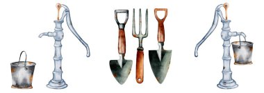 Bir illüstrasyonda klasik bahçe aletleri ve su pompası sergileniyor, kırsal ev estetiğini geliştirmek için mükemmel..