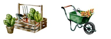 A wheelbarrow filled with flowers sits beside a wooden crate of gardening tools and potted plants. clipart