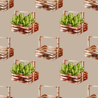 A pattern showcasing wooden crates filled with vibrant green lettuce leaves on a neutral background. clipart