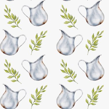 Narin suluboya desenleri gümüş sürahiler ve yemyeşil yapraklar sergiliyor. Tekstil ve ambalaj tasarımları için mükemmel.