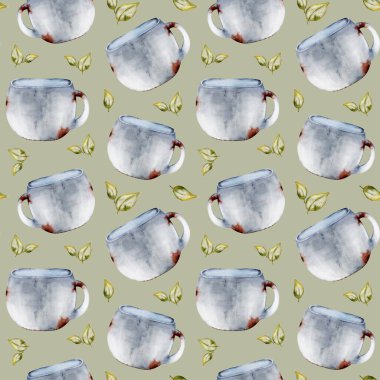 Tertemiz suluboya desenler, yumuşak renk paletinde retro bahçe aletleri ve hassas yapraklar gösteriyor..